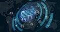 Displaying digital network interface overlaying world map, showing firewall icon and user nodes Royalty Free Stock Photo
