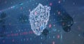 Displaying digital shield hovering in cyber network with nodes, alphanumeric code, red warning text Royalty Free Stock Photo