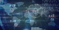Displaying digital world map in virtual control room, with scanning rings and charts animating Royalty Free Stock Photo