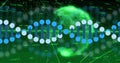 Displaying DNA helix floating over data interface, with particle globe, overlays and grid lines Royalty Free Stock Photo