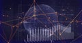 Displaying dotted 3D sphere with bar charts, line graphs in analytics interface with glowing nodes Royalty Free Stock Photo