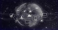 Displaying dotted globe linking network icons, dotted lines, waves, dots on navy backdrop Royalty Free Stock Photo