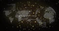 Displaying dotted world map and globe streaming code snippets over dark grid, with glowing lights Royalty Free Stock Photo