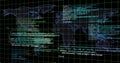Displaying dotted world map outline with glowing nodes and code snippets over neon grid interface Royalty Free Stock Photo