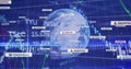 Displaying Earth globe spinning on digital data interface, with numeric labels and binary code Royalty Free Stock Photo