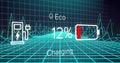 Displaying eco-charging graphic hovering over wireframe grid, with plug icon and 12% battery icon Royalty Free Stock Photo