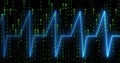 Displaying electric-blue ECG-like waveform coursing through data stream, with green binary streams Royalty Free Stock Photo