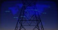 Displaying electricity tower silhouette rising in digital grid, with world map overlay, data flows Royalty Free Stock Photo