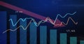 Displaying financial chart at digital interface, with blue bars, two line graphs, red decline arrow Royalty Free Stock Photo