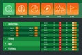 Displaying flat design sports UI with colored icons, toggles, live table, transparent background Royalty Free Stock Photo