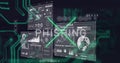 Displaying floating security panels on dark backdrop, with charts, globe, PHISHING neon green X Royalty Free Stock Photo