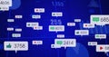 Displaying floating thumbs-up, chat and play icons with counts on digital dashboard showing graphs Royalty Free Stock Photo