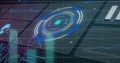 Displaying futuristic HUD with concentric rings, dot in dark grid space, bar charts and line graphs Royalty Free Stock Photo