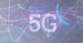 Displaying 5G label overlaying grid with glowing nodes, colorful lines and interface graphics Royalty Free Stock Photo