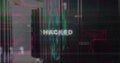 Displaying glitchy HACKED text on security UI with magenta traces, 0111 code, globe, UI overlays Royalty Free Stock Photo