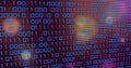Displaying glowing blue binary code matrix on computer screen interface, with blurred bokeh lights Royalty Free Stock Photo
