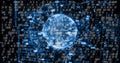 Displaying glowing blue digital globe streaming binary code in virtual network, with network lines Royalty Free Stock Photo