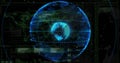 Displaying glowing blue holographic globe in computer control interface, with binary code streams Royalty Free Stock Photo
