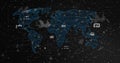Displaying glowing blue world map linking data nodes in AR UI, with hexagonal grids, warning icons Royalty Free Stock Photo