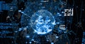 Displaying glowing digital Earth globe spinning on dashboard, with hex grid clusters, code snippets Royalty Free Stock Photo
