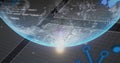Displaying glowing digital globe floating in holographic workspace, with grid lines and node icons Royalty Free Stock Photo