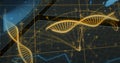 Displaying glowing DNA helices floating above grid interface, showing data lines and axis markers Royalty Free Stock Photo