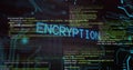 Displaying glowing ENCRYPTION text over scrolling code on virtual dashboard, with circuit graphics Royalty Free Stock Photo