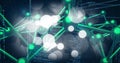 Displaying glowing green nodes connecting rods over dark grid, white bokeh, scrolling binary code Royalty Free Stock Photo