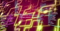 Displaying glowing neon circuit lines in digital schematic, with floating programming code snippets Royalty Free Stock Photo