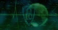 Displaying glowing shield icon guarding data streams in cyber space, with padlock, particle globe Royalty Free Stock Photo