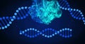 Displaying glowing turquoise data cluster hovering in virtual space, with blue DNA helix and specks Royalty Free Stock Photo