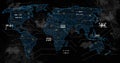 Displaying glowing world map on interface, showing hexagonal clusters, warning icons, grid patterns Royalty Free Stock Photo