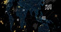 Displaying glowing world map outline on dark grid, with various data icons and circuit-like lines Royalty Free Stock Photo