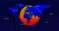 Displaying gradient globe overlay over world map on blue grid, showing arrows and numeric labels Royalty Free Stock Photo
