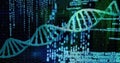 Displaying green-blue DNA helix twisting above dark 3D grid plane, with programming code streams Royalty Free Stock Photo