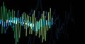 Displaying green blue white vertical bars pulsing on black interface, with thin line waveform Royalty Free Stock Photo