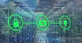 Displaying green camera icon over server room corridor with server racks floating buzzwords Royalty Free Stock Photo