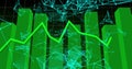 Displaying green data bars on grid in cyberspace, with neon green line graph and cyan mesh Royalty Free Stock Photo