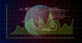 Displaying green line graph showing peaks in dashboard, featuring globe and numeric readout 24 Royalty Free Stock Photo