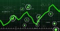 Displaying green trend line fluctuating on dark grid dashboard, with hexagonal data icons and code Royalty Free Stock Photo