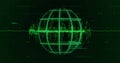 Displaying green wireframe globe in HUD overlaying waveform stream, code fragments and grid lines Royalty Free Stock Photo