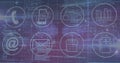 Displaying grid of nine circular app icons hovering over purple-blue matrix, with code streams Royalty Free Stock Photo