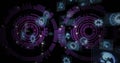 Displaying hologram panels and HUD rings floating in virtual space, with code snippets and nodes Royalty Free Stock Photo