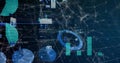 Displaying holographic data nodes forming virtual 3D network grid, with floating pie and bar charts Royalty Free Stock Photo
