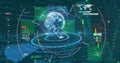 Displaying holographic globe projection rotating in digital interface, with HUD rings, data panels Royalty Free Stock Photo