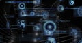 Displaying holographic panels and gauge interfaces floating in dark cyberspace with code snippets Royalty Free Stock Photo