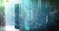 Displaying holographic shield floating above racks in data center, with padlock icon and node lines Royalty Free Stock Photo