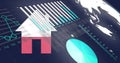 Displaying house icon overlaying dashboard, with bar charts, pie chart, network graph, globe Royalty Free Stock Photo