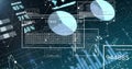 Displaying HUD animating on teal grid, showing keyboard outline, pie charts, numeric panels Royalty Free Stock Photo