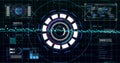 Displaying HUD central holographic gauge on grid interface, with teal data line and map panel Royalty Free Stock Photo